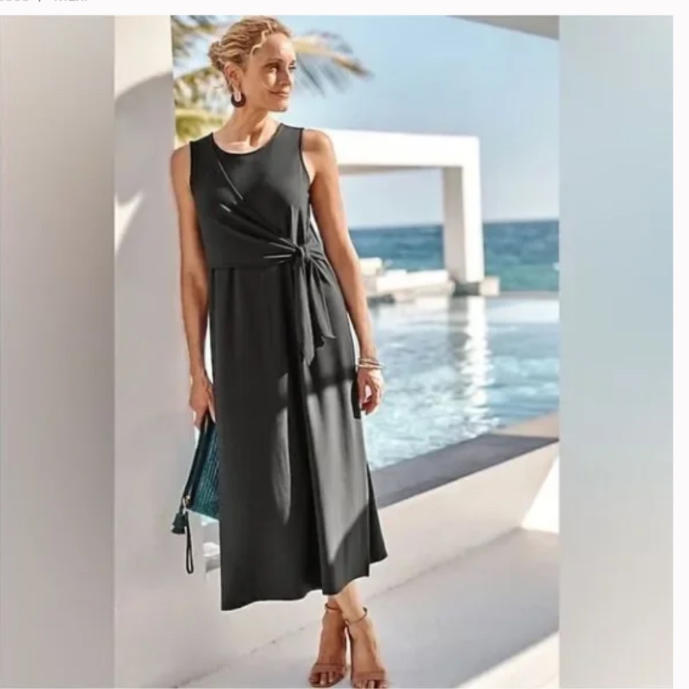 J. Jill Wearever Slate Gray Tie-Waist Maxi Dress Faux Wrap-  size M - EUC